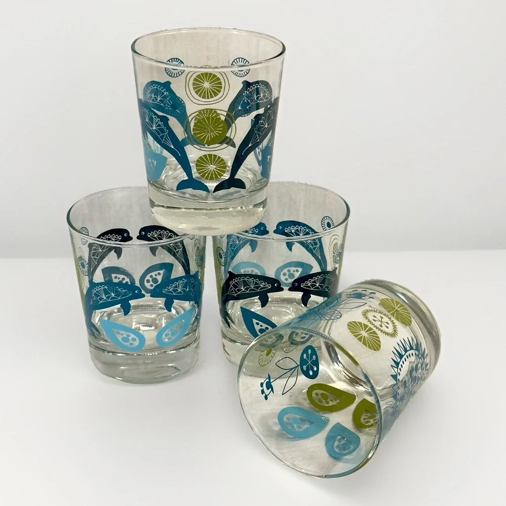 VTG 4 Ikea MCM Lowball Glasses 8 Oz Turquoise~Green MCM Coastal Design~Pristine